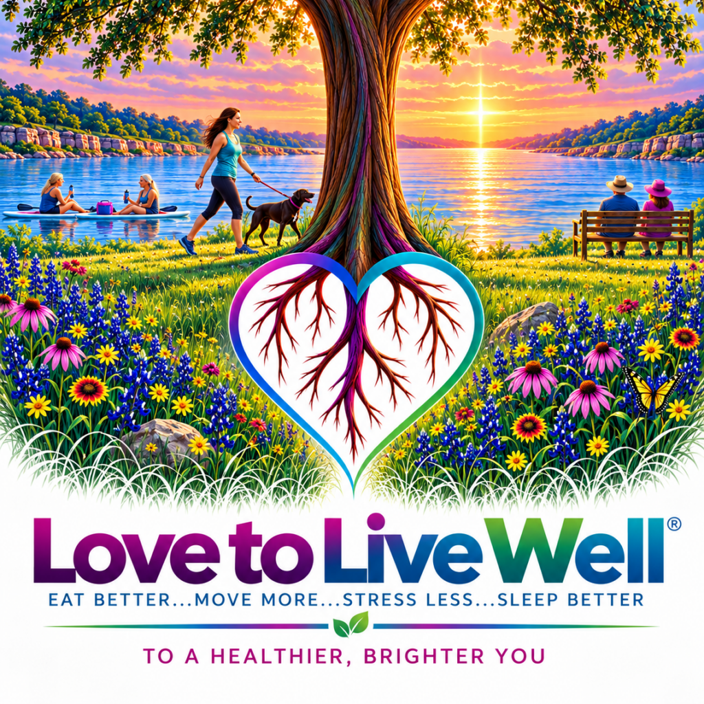 Love to Live Well scene featuring a vibrant tree beside a lake at sunset, with people enjoying movement and connection in nature and a heart-shaped root design in the foreground.