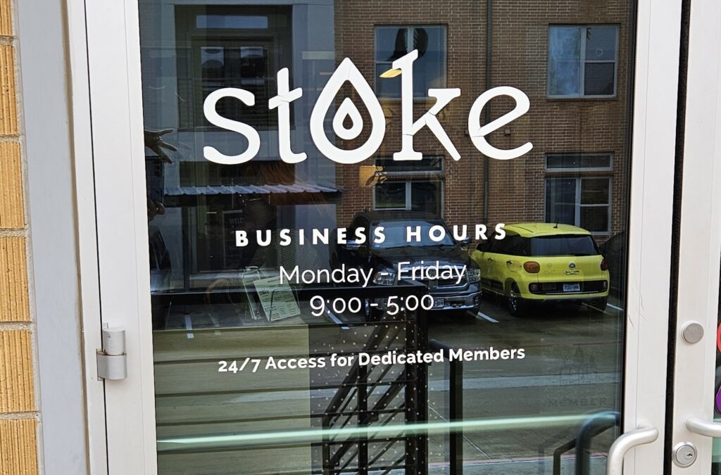 Entrance door to Suite 128 at Stoke Coworking Denton Texas